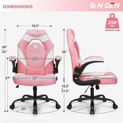 N-GEN Video Gaming Chair Ergonomic Computer Desk Office Chair with Lumbar Support Adjustable Height Swivel Wheels Flip-Up Arms PU Leather Home and Office (Pink) thumbnail 3