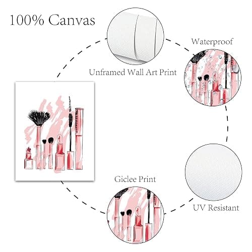 CREATCABIN 4pcs Mode Toile Mur Art Imprimer Affiche Ensemble Rose Talons Hauts Fleurs Parfum Maquillage Maison Mur Art Oeuvre Moderne pour Dressing Chambre Salle Bains Filles 8 x 10 Pouces thumbnail 4