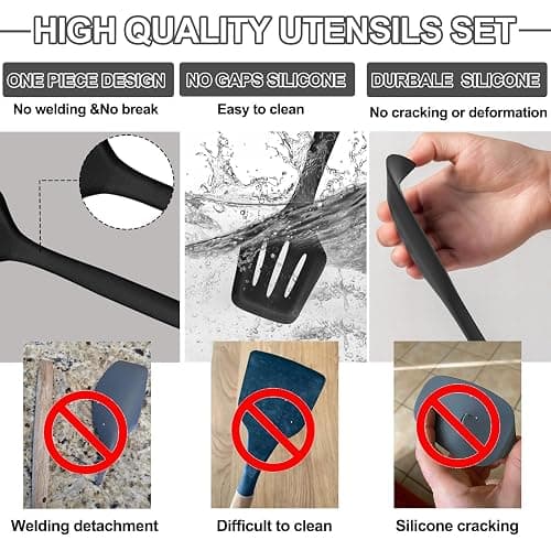 Umite Chef 22-Piece Silicone Cooking Utensils Set，Heat Resistant & Dishwasher Safe Kitchen Tools, Black Non-Scratch Spatula Set for Nonstick Cookware (Black) thumbnail 7