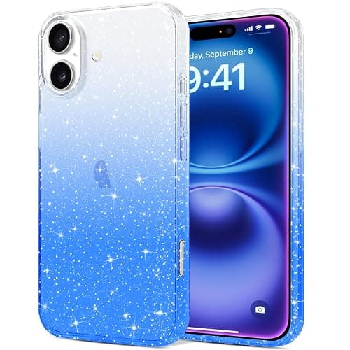 JJGoo Compatible with iPhone 16 Plus Case Clear Glitter, Sparkle Soft TPU Transparent Shockproof Women Girls Slim Bling Sparkly Bumper Cover Phone Case for iPhone 16 Plus 6.7-Inch, Gradient Blue - Image 1