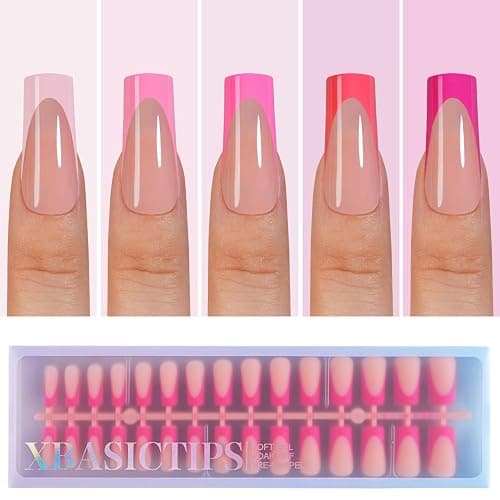 Misssix XBASICTIPS Pink French Tip Press On Nails, 150Pcs French Gel Nail Tips Long Square, Soft Gel Pre-shaped No Need to File 3 in 1 Tips, Fake Nails for Nail Art DIY Extension Designs 15 Sizes - Image 1