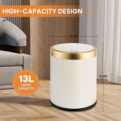 Pukomc Bathroom Trash Can with Lid，3.5 Gallon Motion Sensor Waterproof Touchless Garbage Can, Smart Plastic Trash Bins Suitable for Kitchen, Bathroom, Bedroom, Living Room, Office Beige thumbnail 2