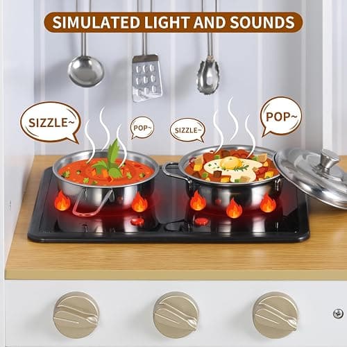 Arlopu Play Kitchen for Kids, Wooden Toy Toddler Kitchen Sets, Sturdy Pretend Cooking Playset with Storage & Accessories, Realistic Light & Sound, Stove, Fridge, Microwave, Removable Sink (White) thumbnail 3