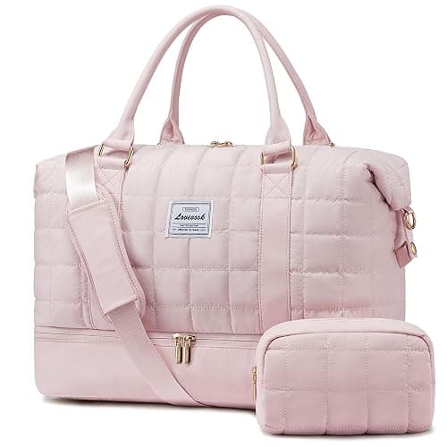 LOVEVOOK Large Duffle Bag for Travel, Puffer Weekend Bags for Women Travel Tote, Carry on Duffel Bag for Airplanes, 18 Inch Personal Item Bag Gym Bag Women, Pink - Image 1