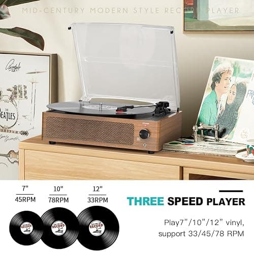 Record Player with Speakers Vintage Turntable Vinyl Records Belt-Driven Retro Turn Table 3-Speed Full Size Wireless Playback Headphone AUX-in RCA Line LP Vinyls Players Auto Stop Wood Brown - Wood Brown - Built-in Speakers thumbnail 2
