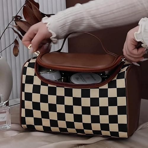 FEEZUSH Makeup Bag, Travel Portable Checkered Pattern Cosmetics Skincare Storage Bag (Brown) thumbnail 2