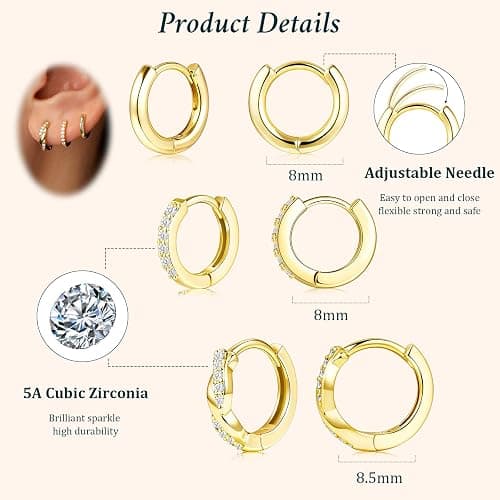 Poxtex Small Sterling Silver Huggie Hoop Earrings Set for Women, Hypoallergenic 14K Gold Plated Hoops Stacks for Multiple Piercings, Dainty Cute Mini Lightweight Cartilage Studs Trendy Jewelry Gift thumbnail 5