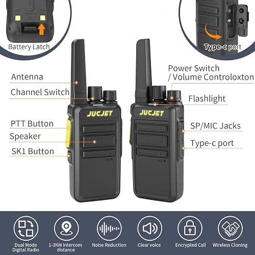 JUCJET V12D Walkie Talkie, Long Range Walkie Talkies with Smart Noise Cancellation&Voice Recognition - Encrypted Communication, Analog Scanning, Wireless Cloning, 446MHz, 16CH(2Pcs Black) thumbnail 2