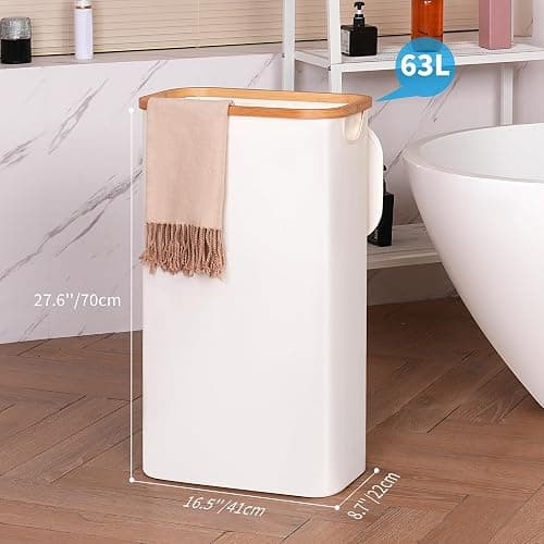 efluky Slim Laundry Basket with Lid, Narrow Laundry Hamper with Removable Bag, Skinny Dirty Clothes Basket with Bamboo Handles for Bathroom, Bedroom & Laundry Room, 63L Beige thumbnail 3
