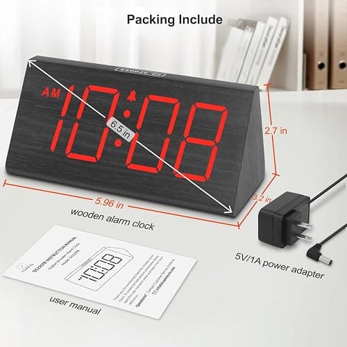 DreamSky Wooden Digital Alarm Clocks for Bedrooms - Electric Desk Clock with Large Red Numbers, USB Port, Battery Backup Alarm, Adjustable Volume, Wood Décor, Dimmer, Snooze, DST (Adapter Powered) thumbnail 2