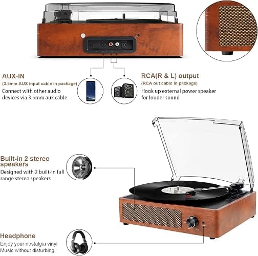 Vinyl Player Bluetooth Turntable Vinyl Record Player with Speakers Turntables for Vinyl Records 3 Speed Belt Driven Vintage Record Player Vinyl Turntable for Entertainment AUX in RCA Out thumbnail 3
