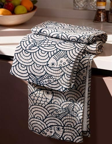 Miss Adola 370GSM Cotton Waffle Kitchen Towels, Fish | Pure Cotton, Sustainable, Waffle Weave, Terry Cloth, Highly Absorbent, Decorative, 16"x25", with Hanging Loop - Image 1
