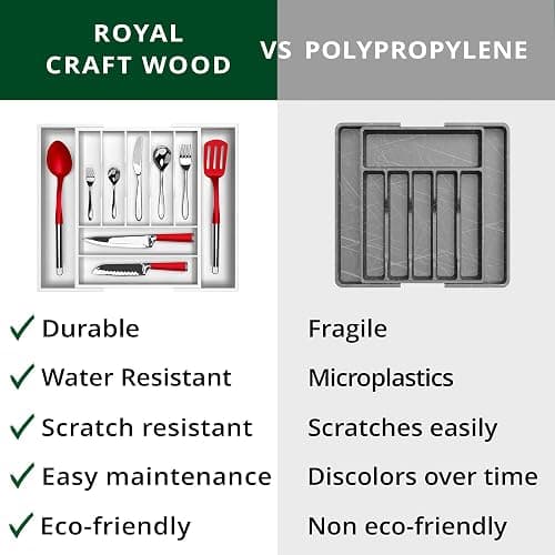 ROYAL CRAFT WOOD Luxury Bamboo Kitchen Drawer Organizer - Silverware Organizer - Utensil Holder and Cutlery Tray with Grooved Drawer Dividers for Flatware and Kitchen Utensils (9 Slot, White) thumbnail 9