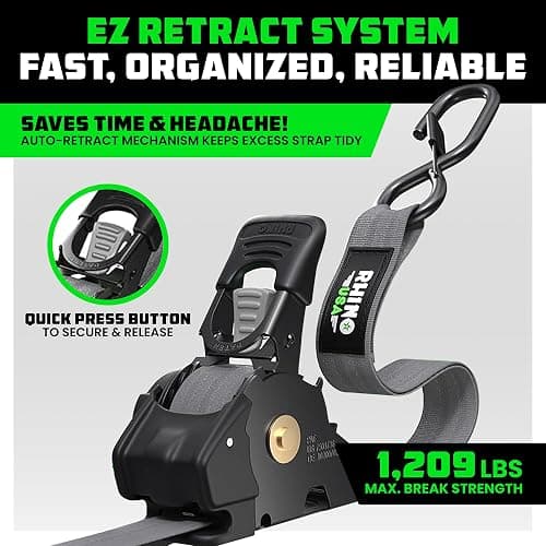 Rhino USA Retractable Ratchet Straps (4-Pack) - 1 Inch x 10 Feet (1,209lb Break Strength) - Auto Self Retracting Tie Down Straps for Truck, Cargo Trailer, Motorcycle, ATV, UTV - Gray thumbnail 2