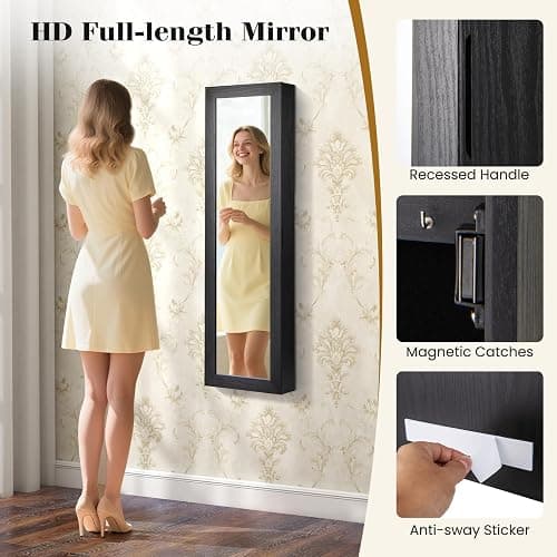 Giantex Wall or Door Mounted Jewelry Cabinet with Full Length Mirror, Over The Door Jewelry Armoire Organizer with Lights, Large Storage with Necklace Hooks, Earring Slots & Shelves (Black) thumbnail 7