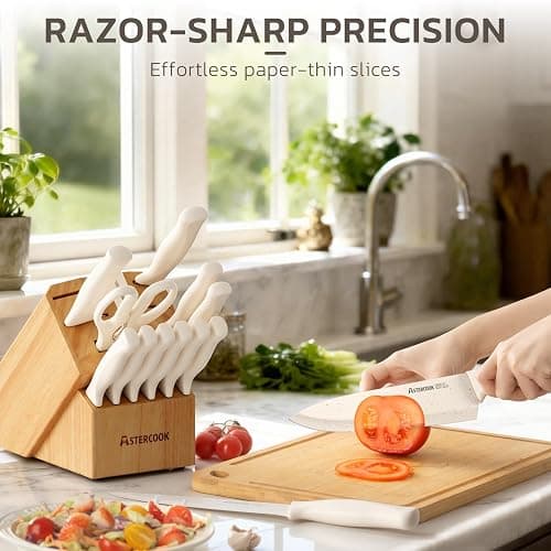 Astercook Knife Set, 15 Pieces Kitchen Knife Set with Sharpener Block, German Stainless Steel Knives Set with Anti-Rust Coating, Dishwasher Safe Elegant Cream White Knife Block Sets, Valentine's Gift thumbnail 5