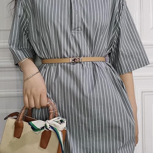 FENLDY Adjustable Thin Belts For Womens Skinny Belts For Dresses Womens Solid Color Alloy Turn Lock Belts For Jeans - Light Khaki Belt With Gold Buckle thumbnail 5