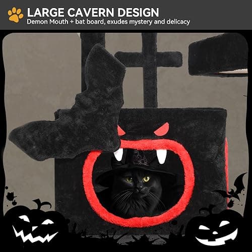 YITAHOME Gothic Cat Tree with Coffin Bed, 63" Tall Cat Tower for Indoor Cats with Top Perch, Spacious Cat Condos, Spider Hanging Balls,Comfy Hammock, Scratching Post and Ladder, Black Halloween | Cat Tower with Top Perch, Spacious Cat Condos, Spider Hanging Balls, Comfy Hammock, Scratching Post and Ladder thumbnail 3