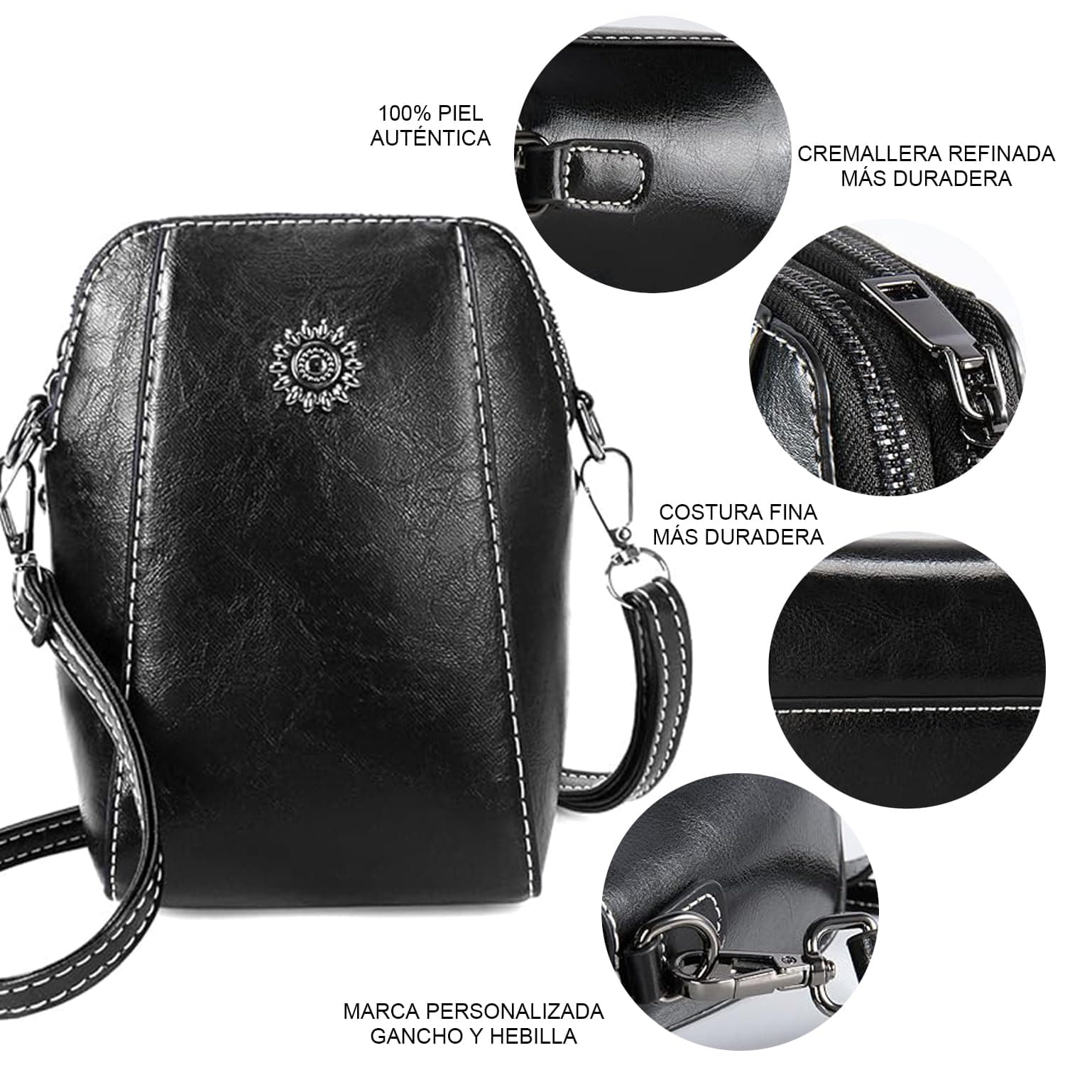 Bolso Crossbody Mujer - Pequeños Bandolera Bolsa para Teléfono Móvil, Monedero Suave PU Cuero Impermeable con Cremallera de 2 Capas Cartera Hombro y Bolso de Mano - Negro thumbnail 2