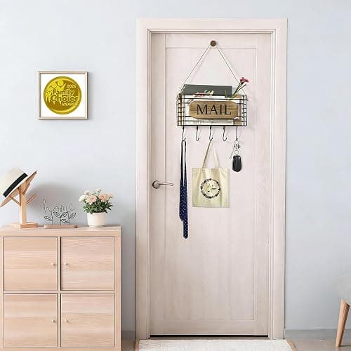 SRIWATANA Mail Organizer Wall Mount, Rustic Mail Holder Key Holder for Wall with Hooks, Small Size, Carbonized Black thumbnail 2