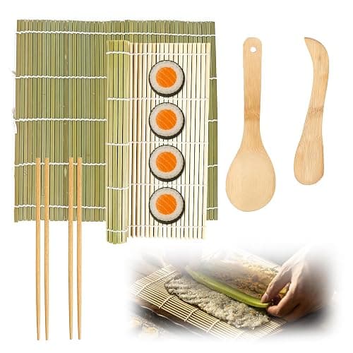Sushi Making Kit, 6 PCS Beginner Sushi Maker Set, Including 2 Green Bamboo Rolling Mats, 2 Pairs Chopsticks, 1 Paddle,1 Spreader, Natural Bamboo Material, Ideal Gift for Kids, Friends, Home Chef - Image 1