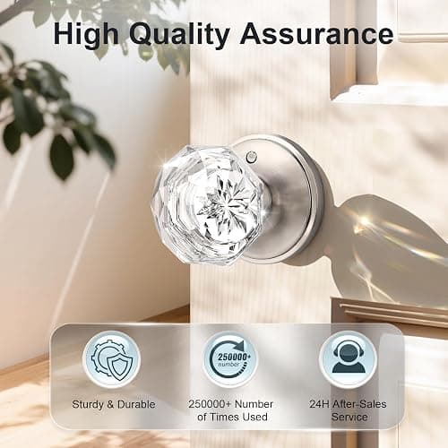 KNOBWELL Privacy Glass Door Knob for Bedroom and Bathroom, Vintage Clear Crystal Door Knobs with Lock, Crystal Interior Door Knobs with Victorian Plate Rosette, Satin Nickel, 2 Pack thumbnail 3