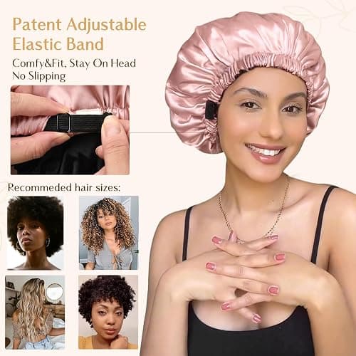 YANIBEST Adjustable Satin Bonnet Double Layer Hair Bonnet for Sleeping Bonnets for Women Hats Curly Natural Hair, Blush Pink thumbnail 3