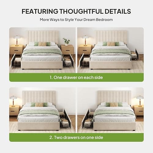 Welzona Queen Bed Frame with Storage and Headboard, Velvet Upholstered Metal Platform Corner Bed with Vertical Tufted Headboard, 2 Storage Drawers, 3-Height Level, Noise Free, Easy Assembly, White thumbnail 7