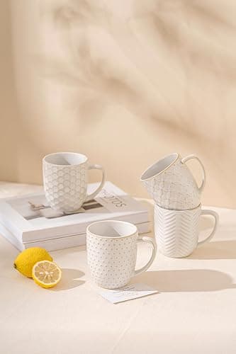 FOBENTA Ceramic Coffee Mugs Set of 4, 12oz Embossed Cups with Elegant Patterns – A Thoughtful Gift for Women, Mom, or Friends,Perfect for Tea, Latte, Cocoa (Arctic White, 12 OZ) thumbnail 7