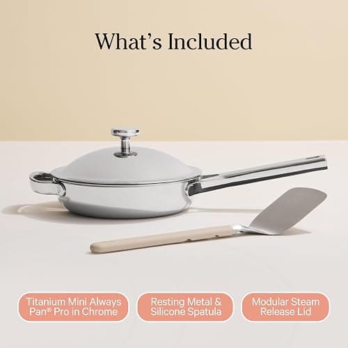 Our Place Mini Titanium Always Pan Pro | 8.5" PFAS-Free Nonstick Frying Pan with Spatula | Chef-Grade Tri-Ply Stainless Steel & Aluminum Build | Induction & Oven-Safe up to 1000°F | Chrome thumbnail 6