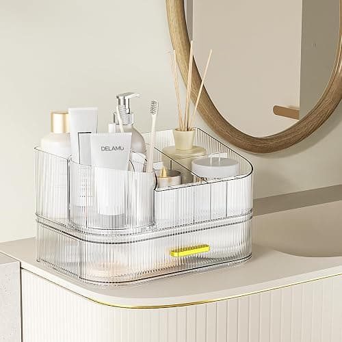 Delamu Makeup Organizer for Vanity with Stackable Drawers, 360 Rotating Makeup Brush Holder Large Cosmetic Display Case, Bathroom Skincare Storage, Crystal Clear, Ideal Christmas Gifts for Girls thumbnail 9