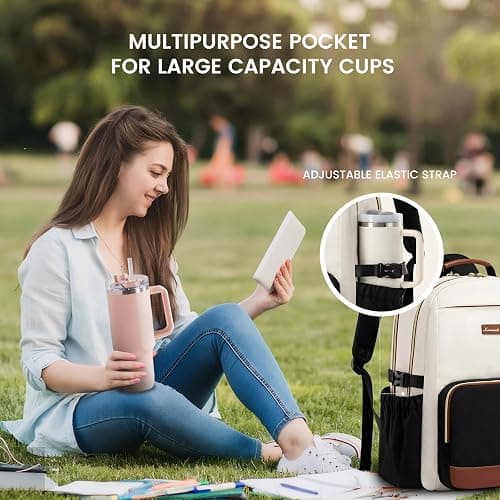 LOVEVOOK Laptop Backpack for Women with Pouch Pocket for Large Capacity Cup,17 Inch Laptop Computer Bag Travel Backpack Purse,Waterproof Work Business Backpack College Teacher Bags,Beige-Black-Brown thumbnail 2