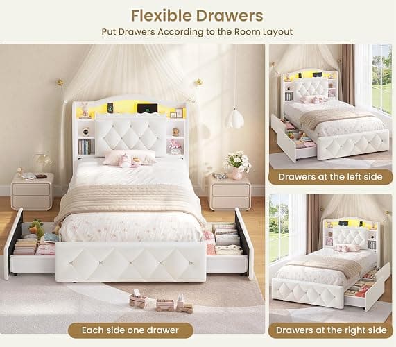 DICTAC Twin Size Bed Frame for Kids with Storage Drawers, Bookcase Headboard, LED Lights and Power Outlets, Diamond Tufted Velvet Upholstered Princess Platform Bed, Heavy-Duty Metal Support, Beige thumbnail 7