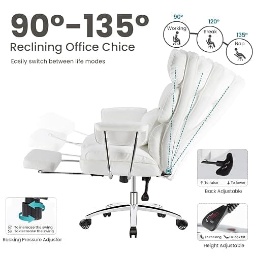 OLIXIS Home Office Desk Chair Comfy with Foot Rest, PU Leather Ergonomic Big and Tall High Back Support, 360° Swivel Wheels, Armrests and Detachable Pillow, Height Adjustable, White thumbnail 5