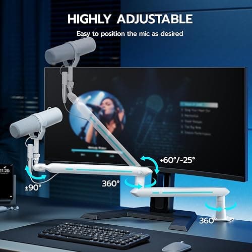 ARES WING Aluminum Low Profile Mic Arm with 4.4 lbs Load Capacity, Adjustable Microphone Boom Arm with 3/8” to 5/8” Screw Adapter, Desk Mount Mic Stand for Gaming Streaming Podcasting, White thumbnail 3