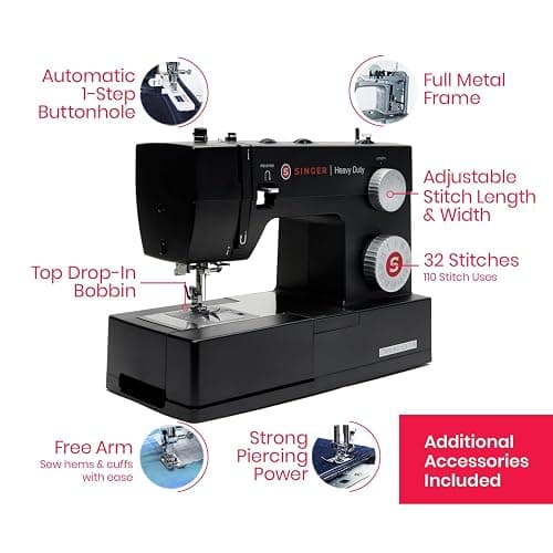 SINGER® 4432 Sterling High Speed Heavy Duty Sewing Machine + Accessory Kit | 32 stitches deliver 110 applications, 50% more power for thick fabrics, 1100 per minute capacity, 1-step buttonhole design thumbnail 4