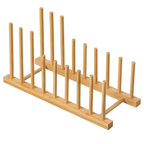 HBlife Heighten Bamboo Wooden Dish Drying Rack Plate Pot Lid Organizer | Plate Bowl Cup Book Pot Lid Cutting Board Stand, Drainer Storage Holder Organizer, For Kitchen Cabinet, 8 Slots - Image 1