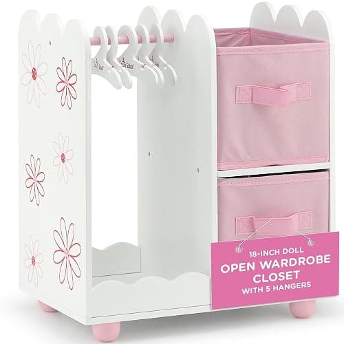 Emily Rose 18 Inch Doll Wardrobe Closet Organizer - Open Storage Armoire with Hangers & Bins - Wooden Furniture for American Girl Dolls - Floral Design - Image 1