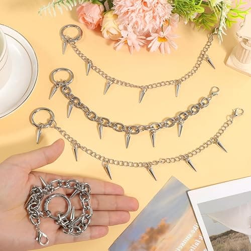 Molain 4 Pcs Silver Punk Boot Chains, Rivet Cone Spike Boot Charms, Metal Shoe Chains Shoe Charms Decorations with Detachable Clasps for Booties Sandals Sneakers thumbnail 5