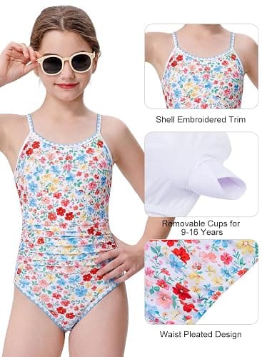 XiaoMoSha Girls One Piece Swimsuit Adjustable Straps Bathing Suit Teen Girl Color Block Trim Padded Beach Swimwear 6-16 Years thumbnail 3
