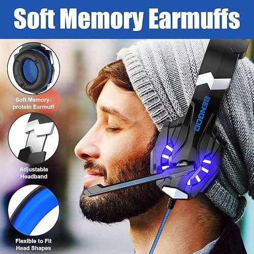 BENGOO G9000 Stereo Gaming Headset for PS4 PC Xbox One PS5 Controller, Noise Cancelling Over Ear Headphones with Mic, LED Light, 7.1 Surround Sound, Soft Memory Earmuffs for Nintendo Xbox Series X|S thumbnail 3