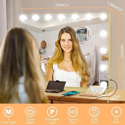 Moonee Vanity Mirror with Lights, Gold Hollywood Lighted Makeup Mirror with 15 Dimmable Bulbs and 10X Magnification, 3 Colors Modes, Aluminum Metal Frame, Light Up Mirror for Tabletop/Wall（23" x 18"） thumbnail 2