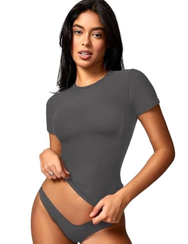 YEOREO Women Fitted Workout Tops Short Sleeve Double Lined Basic Y2K Going Out Crew Neck Compression Crop Top thumbnail 7