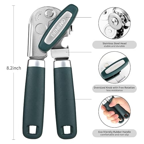 Beneno Heavy Duty Hand Can Opener Manual with Magnet, Durable Sharp Carbon Steel Blade Smooth Cutting, Big Effort-Saving Knob & Soft Grip Handle, Multifunctional Kitchen Tool with Bottle Opener, Green thumbnail 2