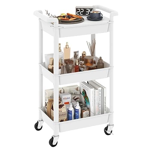 Steehoom 3-Tier Utility Rolling Cart with Cover Top Board, Mobile Utility Cart with Lockable Casters Multi-Functional Storage Trolley for Office, Bathroom, Kitchen, Garden, Laundry Room (White) - White