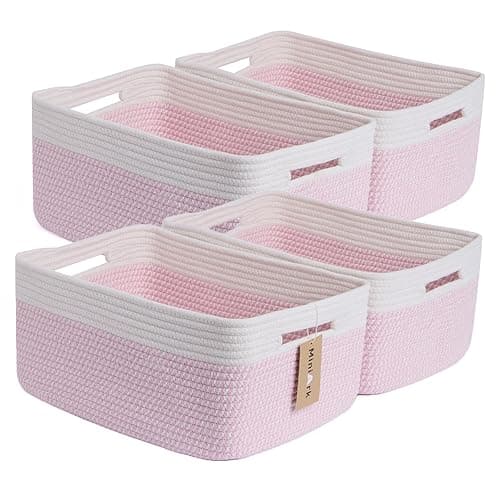 MiniArk Large Storage Baskets for Organizing, Closet Shelf Baskets for Clothes Blanket Towels, Baby Nursery, Toy Bins Box, Woven Rope Baskets, 17 x 13 x 7.5”, 4 Packs Woven Pink