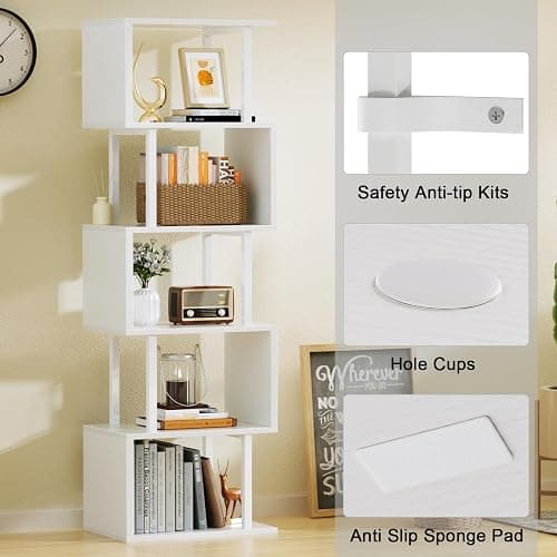Furologee White Geometric Bookshelf 6 Tier S-Shaped Bookcase, Tall Modern Display Storage Shelf, Metal and Wood Decorative Freestanding Room Divider Shelves for Bedroom, Living Room, Office thumbnail 7