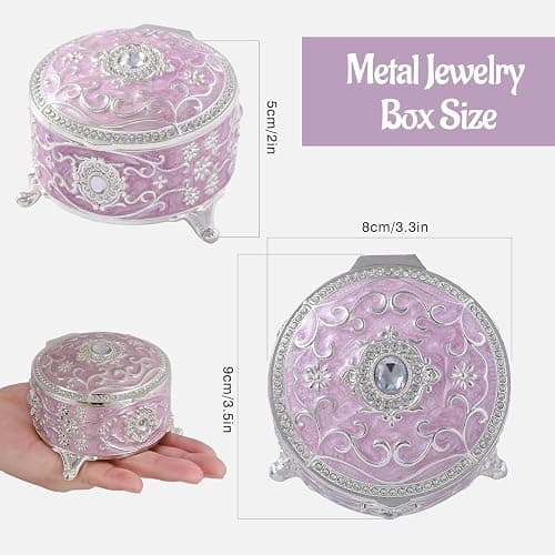 Qsabv Vintage Jewelry Box, Silver Round Treasure Ring Box, Metal Trinket Organizer Keepsake Box Gift for Girl Women, Light Purple thumbnail 2