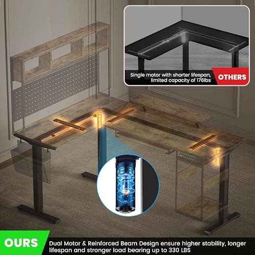 Flycity Electric L Shaped Standing Desk Adjustable Height, 67" x 47" Corner Computer Desk with Host Shelf, Gaming Desk with LED Lights & Power Outlet, Dual Motor Home Office Desk with Storage, Brown thumbnail 5