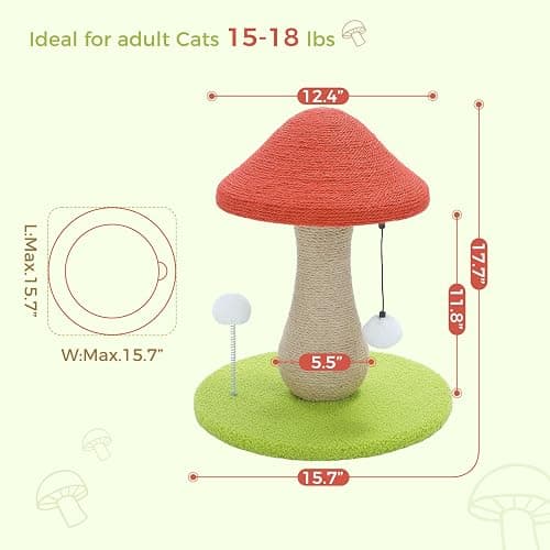 PETEPELA Mushroom Cat Scratching Post, Cat Scratcher Cute with 100% Sisal Covered Scratching Post & Pompoms Toy, Mushroom Cat Post for Indoor Cats thumbnail 5